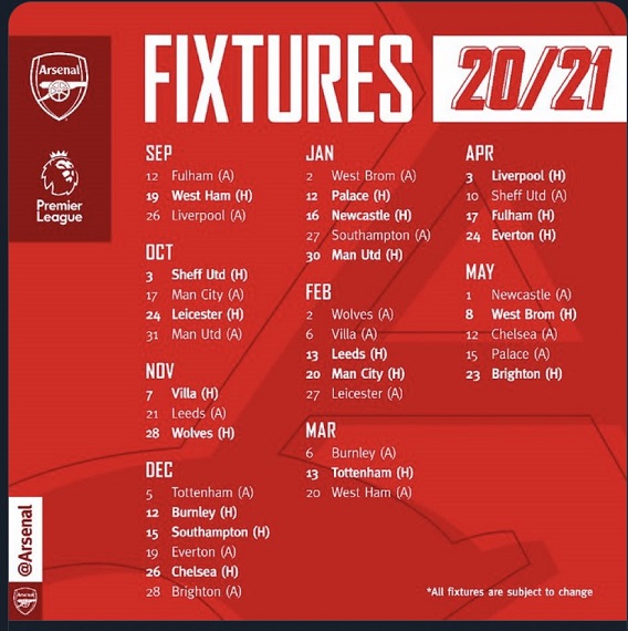 Full Arsenal fixture list 20/21 - We face a tough start with 2 derbies