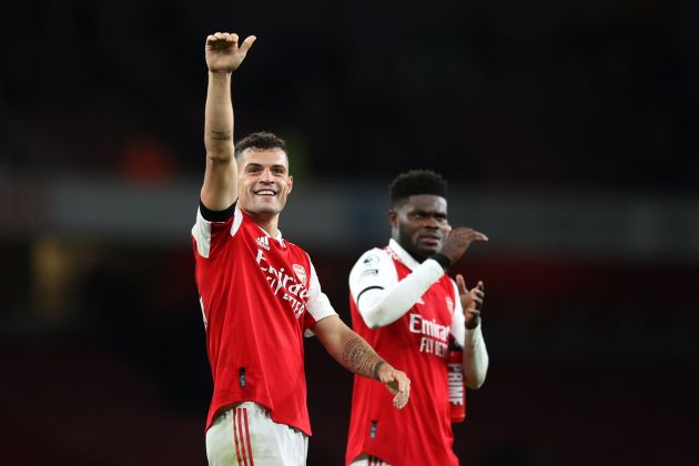 Granit Xhaka of Arsenal acknowledges the fans