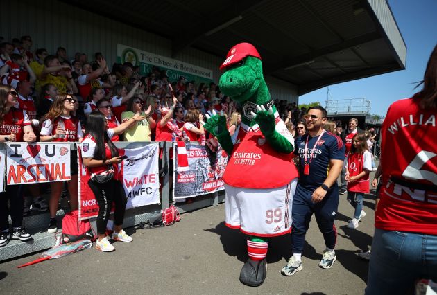 Gunnersaurus, Mascot of Arsenal, interacts with fans prior to the FA Women's Super League match between Arsenal and Aston Villa