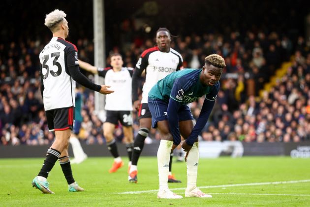 Bukayo Saka of Arsenal reacts after a missed chance during the Premier League match between Fulham FC and Arsenal FC at Craven Cottage on December 31, 2023