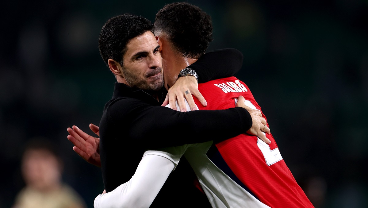 Mikel Arteta and William Saliba v West Ham