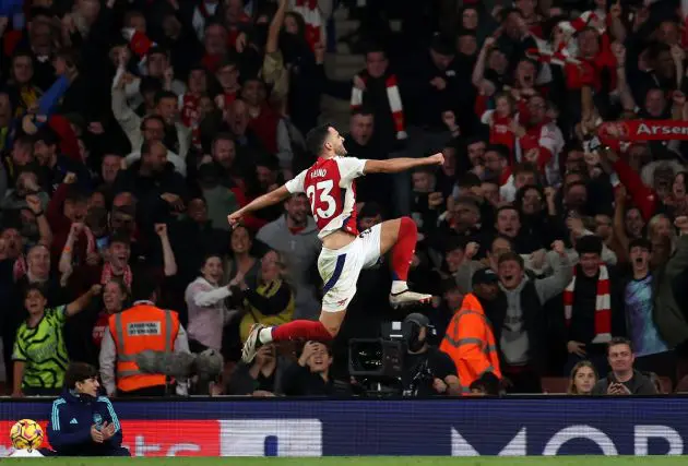 Mikel Merino of Arsenal celebrates scoring his team's second goal