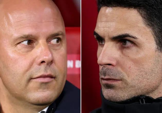 Arne Slot, Manager of Liverpool (L) and Mikel Arteta, Manager of Arsenal.