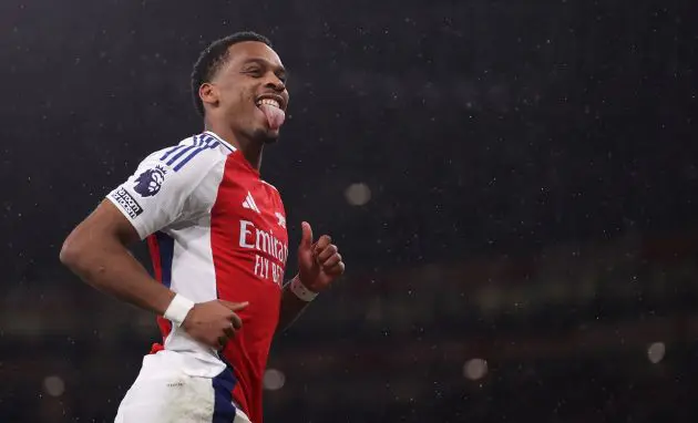 Jurrien Timber of Arsenal celebrates scoring his team's first goal with a header