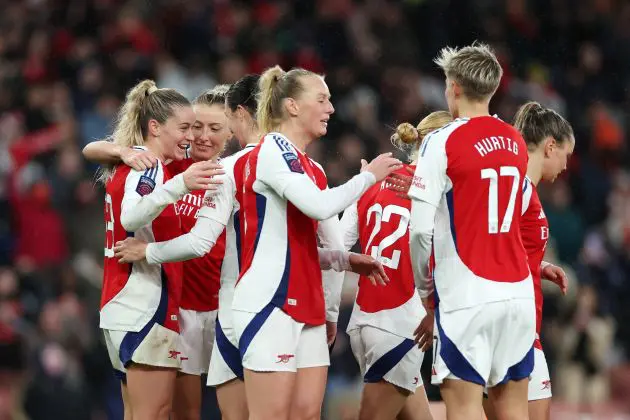 Alessia Russo of Arsenal celebrates scoring her team's fourth goal during the Barclays Women's Super League match between Arsenal and Aston Villa at Emirates Stadium
