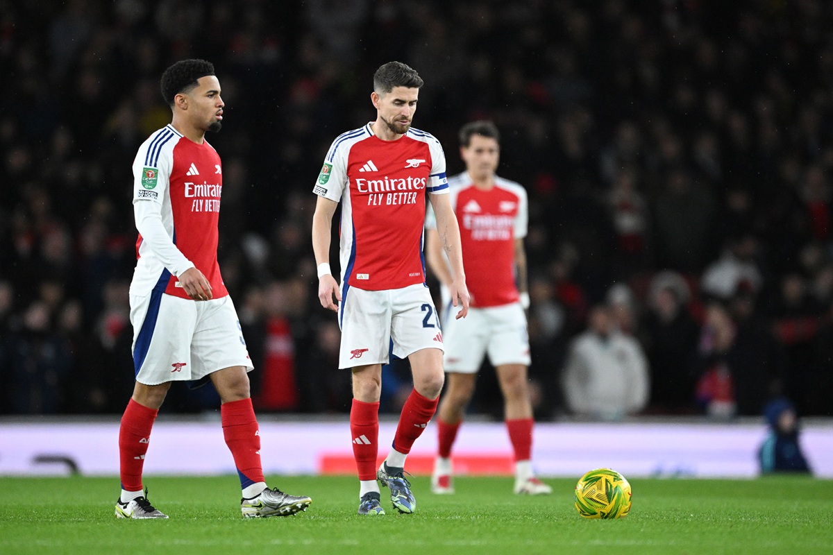 Ethan Nwaneri and Jorginho of Arsenal react after Jean-Philippe Mateta of Crystal Palace (not pictured) scores his team's first goal