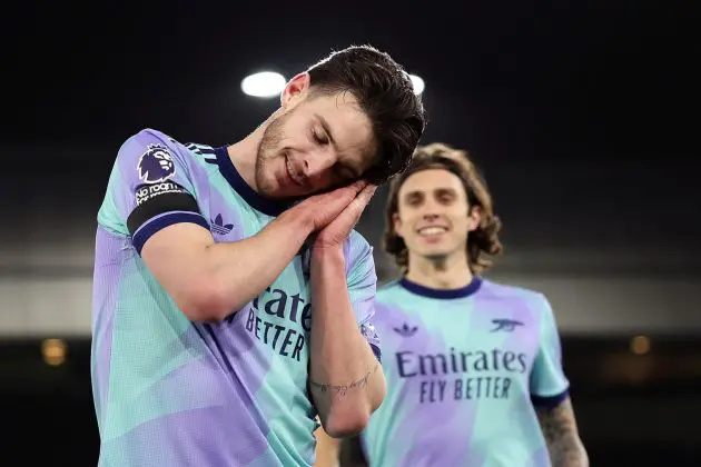Declan Rice of Arsenal celebrates scoring his team's fifth goal