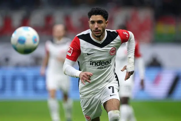 Omar Marmoush of Eintracht Frankfurt controls the ball during the Bundesliga match between Eintracht Frankfurt and FC Augsburg at Deutsche Bank Pa