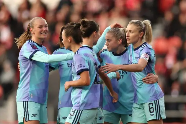Alessia Russo of Arsenal celebrates scoring their teams first goal with team mates during the Barclays Women's Super League match between Liverpool and Arsenal