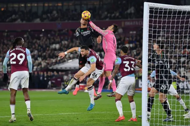 Gabriel of Arsenal is fouled by Lukasz Fabianski of West Ham United, which results in a penalty for Arsenal