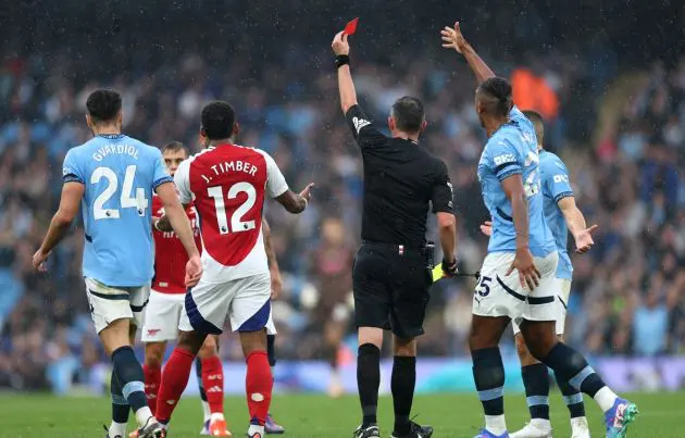 Michael Oliver sending off Leandro Trossard