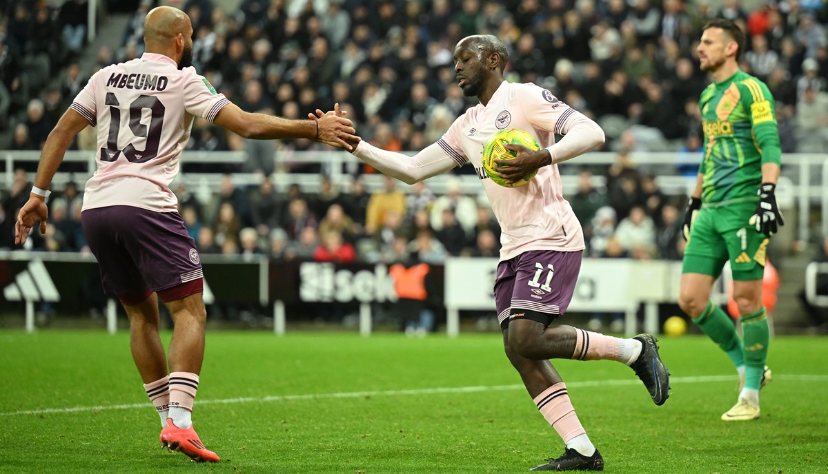 Yoane Wissa celebrates scoring against Newcastle