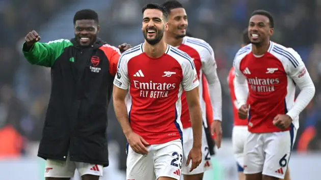Mikel Merino celebrates victory against Leicester City