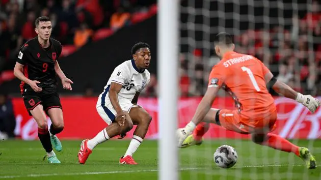 Myles Lewis-Skelly scoring for England