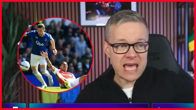 Mark Goldbridge looks furious next to picture of Myles Lewis-Skelly lying on the ground.