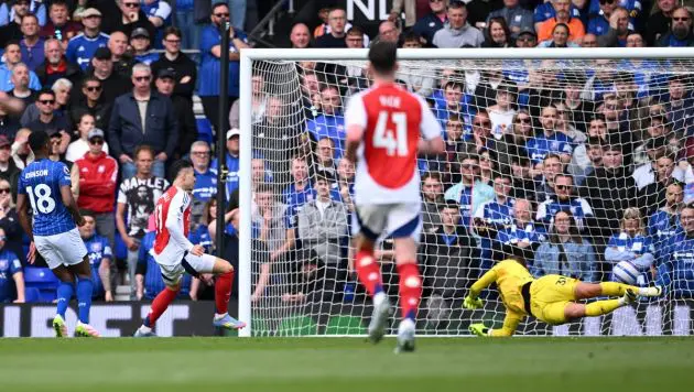 Martinelli scoring against Ipswich