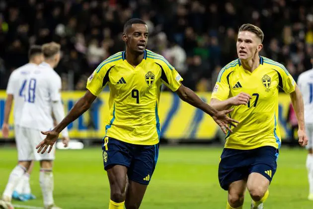 Viktor Gyokeres chases after Alexander Isak after Sweden international scores a goal.