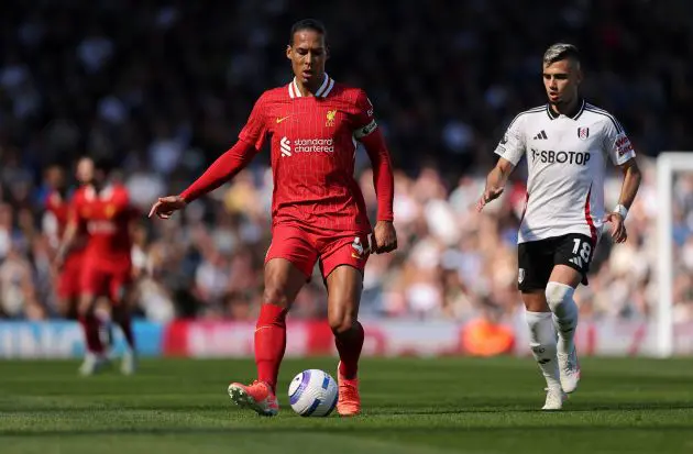Virgil van Dijk plays a pass against Fulham.