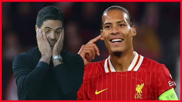 Mikel Arteta pulls at his face in frustration next to a smiling Virgil van Dijk.
